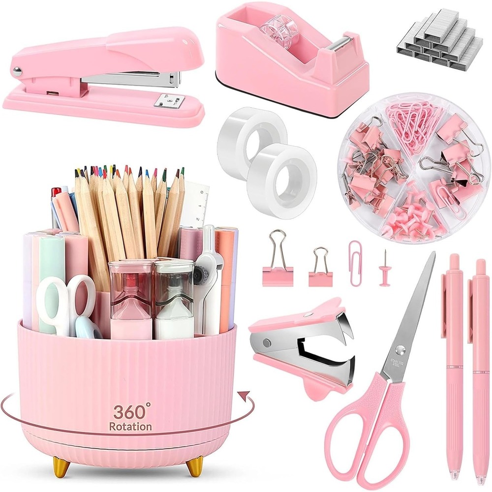 Pink Desk Accessories 10Pcs, Rotating Pen Holder for Desk, Stapler, Staple Remov